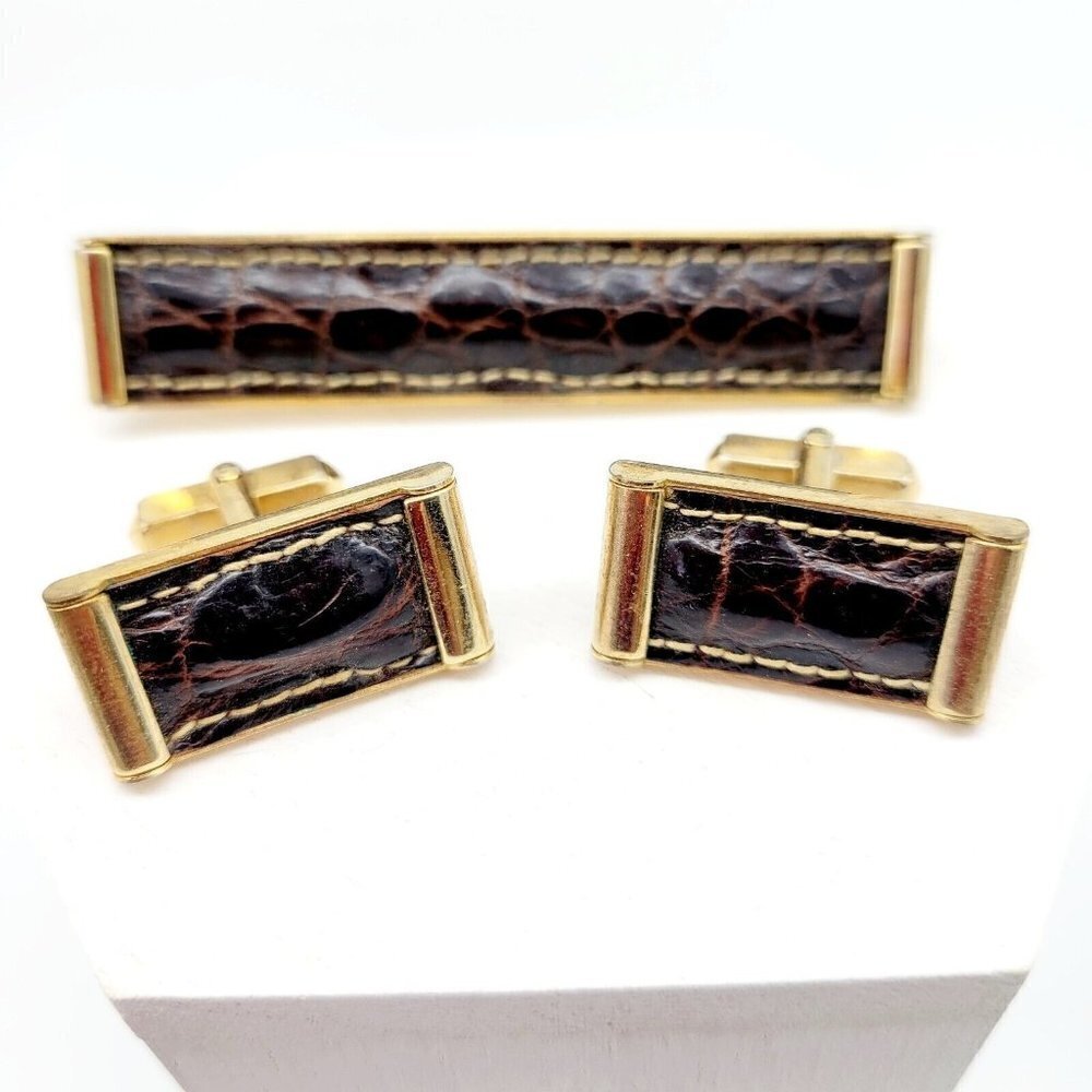 Vintage Anson Leather Tie Clip & Cufflinks Set Gold Tone Snakeskin Pattern VGC